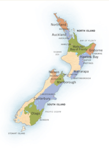 La carte des iles principales de la Nouvelle Zélande